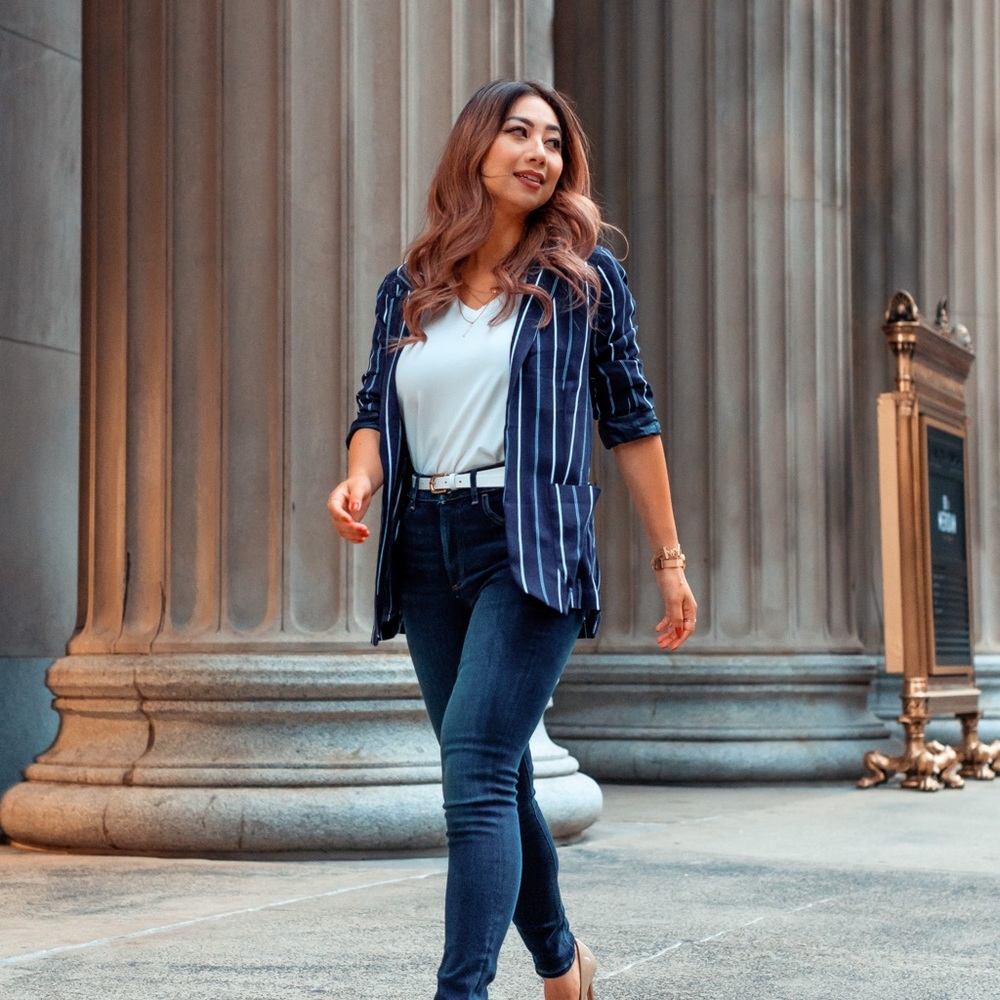 Express Soft Boyfriend Blazer, Navy Stripe, Size S